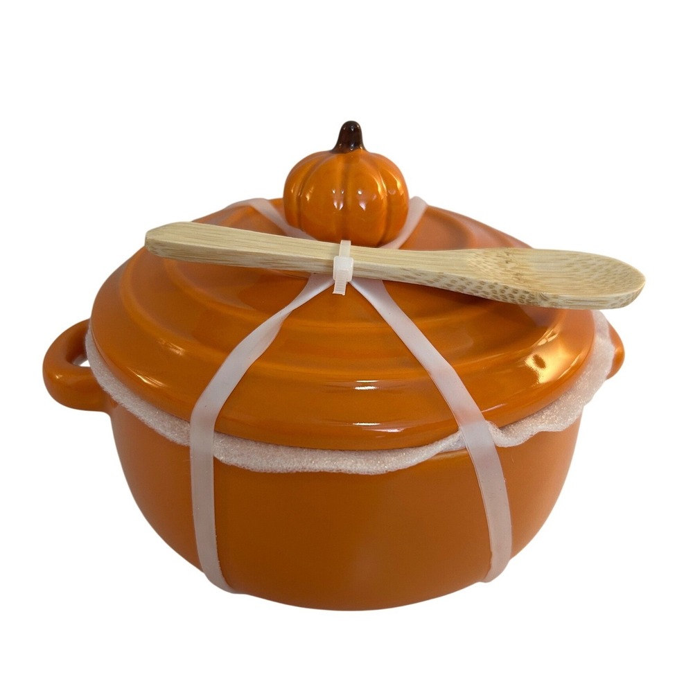 Harvest Falls Orange Pumpkin Lid Ceramic Cocotte with Spoon 5in New!